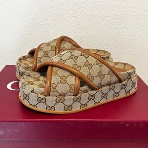 Gucci Women's GG Platform Monogram Slide Sandals in Beige, Size 36.5, New in Box